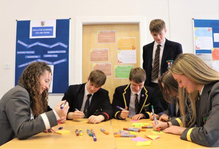 Business Ed. Pupils around on table working away making pocket notes with marker pens.