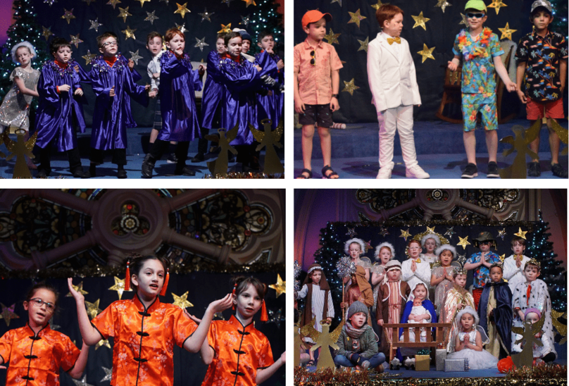 Early Years Nativity Brings Children Of The World Together. Pupils acting and doing plays on stage .