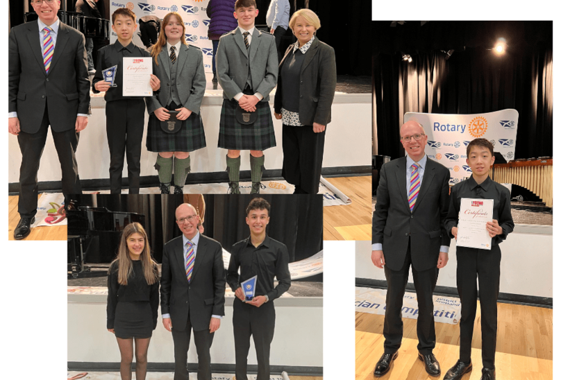 HSD Pupils Hit The Right Note At Rotary Music Competition. Pupils receiving and being presented awards for the Rotary Music Competition at front of stage .
